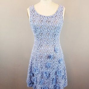 Ryu Women's Size Small Sleeveless Blue Lace Dress with Flower Embellishments